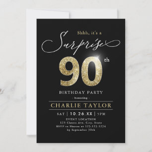 Invitation Surprise adulte moderne noir et or 90e anniversair