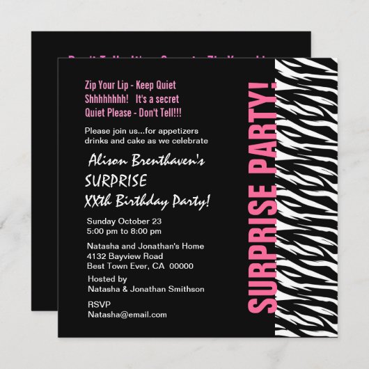 Invitation SURPRISE Année Anniversaire Zèbre rose et noir V05 (Devant / Derrière)