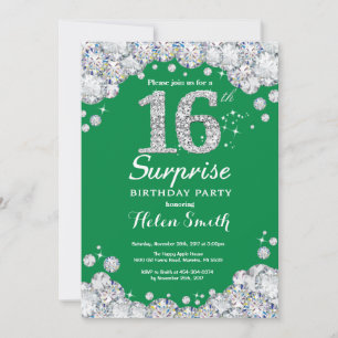 Invitation Surprise Anniversaire 16 ans Vert et Diamant Argen