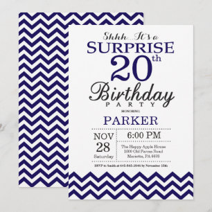 Invitation Surprise Anniversaire 20 Ans Bleu Marine Chevron