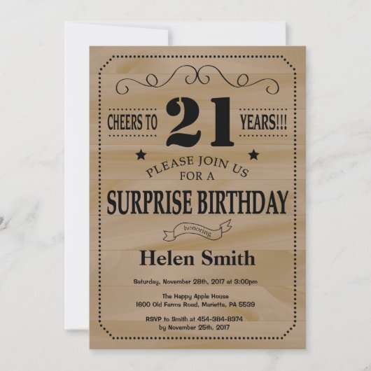Invitation Surprise Anniversaire 21 ans Bois Rustique (Devant)