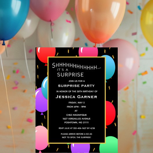 Invitation Surprise Anniversaire Ballons et Confetti âge pers