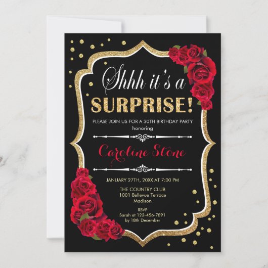 Invitation Surprise Anniversaire - Black Gold Red Roses (Devant)