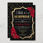 Invitation Surprise Anniversaire - Black Gold Red Roses (Devant / Derrière)