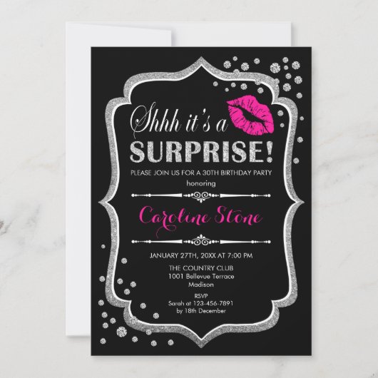 Invitation Surprise Anniversaire - Black Pink Silver (Devant)