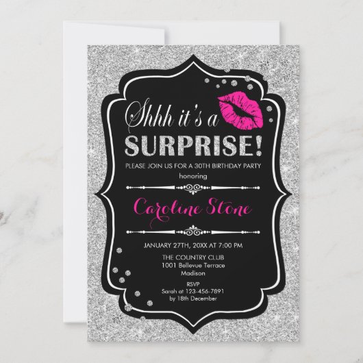 Invitation Surprise Anniversaire - Black Pink Silver (Devant)