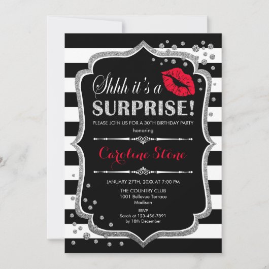 Invitation Surprise Anniversaire - Black Red Silver (Devant)