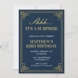 Invitation Surprise Anniversaire Bleu marine Or Hommes 63e an