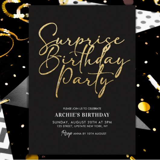 Invitation Surprise Anniversaire Fête Élégant Noir & Or