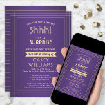 Invitation Surprise Anniversaire Fête Élégante Purple et Or<br><div class="desc">Peux-tu garder un secret ? Famille Invitation et amis à une fête d'anniversaire élégante et excitante avec des invitations personnalisées violet et or. Toute la formulation de ce modèle est simple à personnaliser, y compris le message qui dit "Shhh! C'est une SURPRISE." Le design se compose d'une bordure rayée moderne...</div>