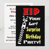 Invitation SURPRISE Anniversaire Fête Zip Your Lip V2 (Devant / Derrière)
