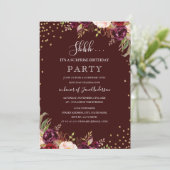 Invitation Surprise Anniversaire Or Confetti Bourgogne Floral (Debout devant)
