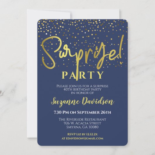 Invitation Surprise Anniversaire Party Blue Gold Typographie (Devant)