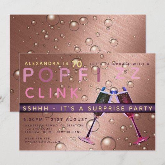 Invitation Surprise Anniversaire Rose Gold Champagne N'IMPORT (Devant / Derrière)