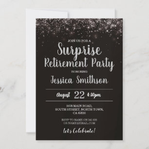 Invitation Surprise argentée de retraite Paillettes Fête Noir