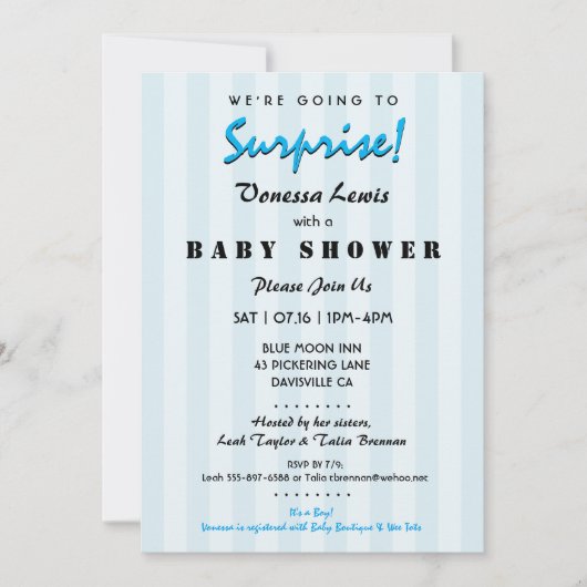 Invitation Surprise Baby shower Blue Stripes (Devant)