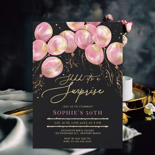 Invitation Surprise Ballons rose Or Black 50e anniversaire