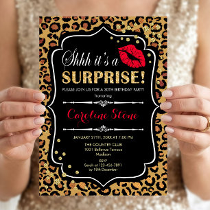 Invitation Surprise Birthday Party - Empreinte de léopard Red