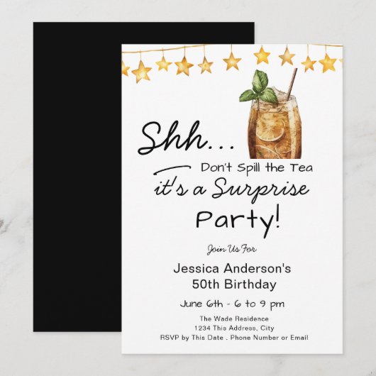 Invitation Surprise Birthday Party Spill the Tea (Devant / Derrière)