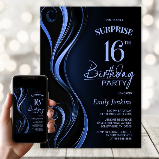Invitation Surprise Black Blue 16e anniversaire fête