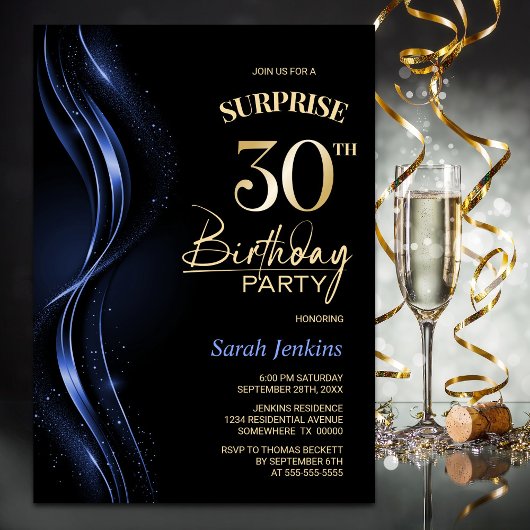 Invitation Surprise Black Blue 30th Birthday Party