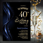 Invitation Surprise Black Blue 40th Birthday Party<br><div class="desc">Cette invitation moderne de 40e anniversaire en noir et bleu donne le ton parfait pour une fête surprise. Personnalisez facilement votre invitation avec le nom de l'invité d'honneur, les détails de la fête et les informations sur le lieu en quelques clics seulement. Vous serez en mesure de créer une nuit...</div>