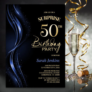 Invitation Surprise Black Blue 50th Birthday Party