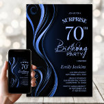 Invitation Surprise Black Blue 70th Birthday Party<br><div class="desc">Cette invitation de 70e anniversaire moderne aux couleurs noir et bleu donne le ton parfait pour une fête surprise. Personnalisez facilement votre invitation avec le nom de l'invité d'honneur, les détails de la fête et les informations sur le lieu en quelques clics seulement. Vous serez en mesure de créer une...</div>