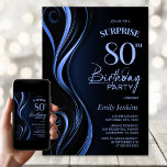 Invitation Surprise Black Blue 80th Birthday Party<br><div class="desc">Cette invitation de 80e anniversaire moderne aux couleurs noir et bleu donne le ton parfait pour une fête surprise. Personnalisez facilement votre invitation avec le nom de l'invité d'honneur, les détails de la fête et les informations sur le lieu en quelques clics seulement. Vous serez en mesure de créer une...</div>