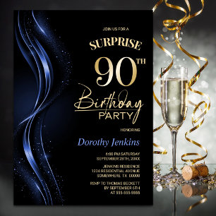 Invitation Surprise Black Blue 90th Birthday Party