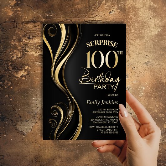 Invitation Surprise Black Gold 100e fête d'anniversaire