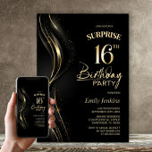 Invitation Surprise Black Gold 16e fête d'anniversaire