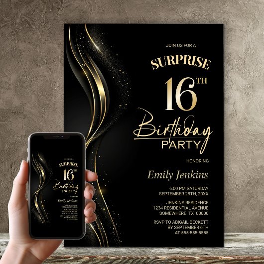 Invitation Surprise Black Gold 16e fête d'anniversaire