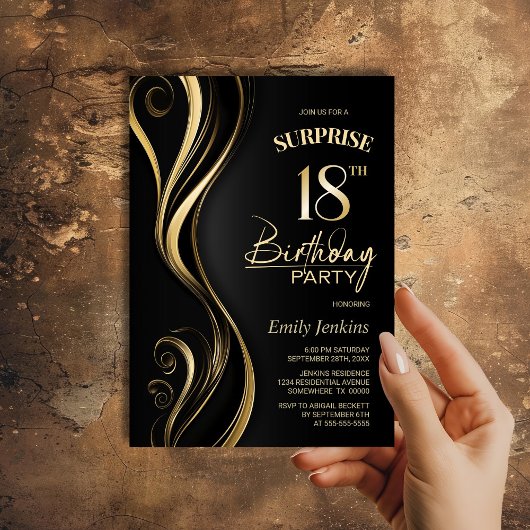 Invitation Surprise Black Gold 18e fête d'anniversaire