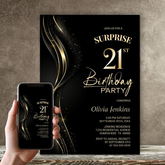 Invitation Surprise Black Gold 21e fête d'anniversaire