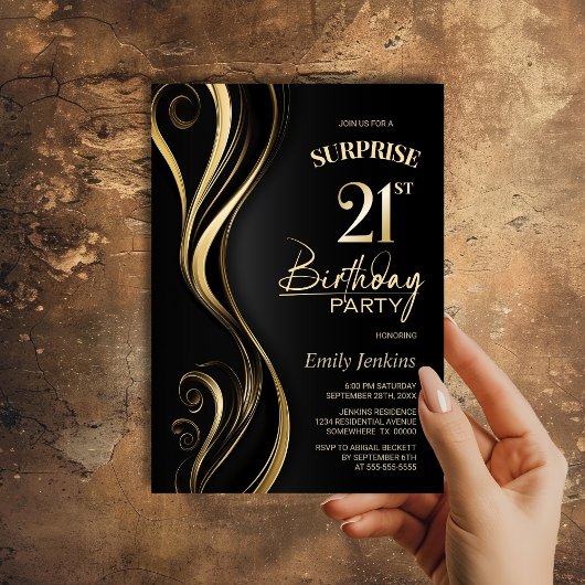 Invitation Surprise Black Gold 21e fête d'anniversaire