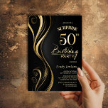 Invitation Surprise Black Gold 50th Birthday Party<br><div class="desc">Cette invitation de 50e anniversaire moderne en noir et or donne le ton parfait pour une fête surprise. Personnalisez facilement votre invitation avec le nom de l'invité d'honneur, les détails de la fête et les informations sur le lieu en quelques clics seulement. Vous serez en mesure de créer une nuit...</div>