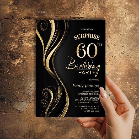 Invitation Surprise Black Gold 60e fête d'anniversaire