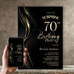 Invitation Surprise Black Gold 70th Birthday Party<br><div class="desc">Cette invitation de 70e anniversaire moderne en noir et or donne le ton parfait pour une fête surprise. Personnalisez facilement votre invitation avec le nom de l'invité d'honneur, les détails de la fête et les informations sur le lieu en quelques clics seulement. Vous serez en mesure de créer une nuit...</div>