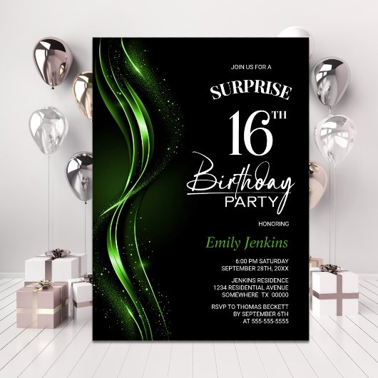 Invitation Surprise Black Green 16e fête d'anniversaire