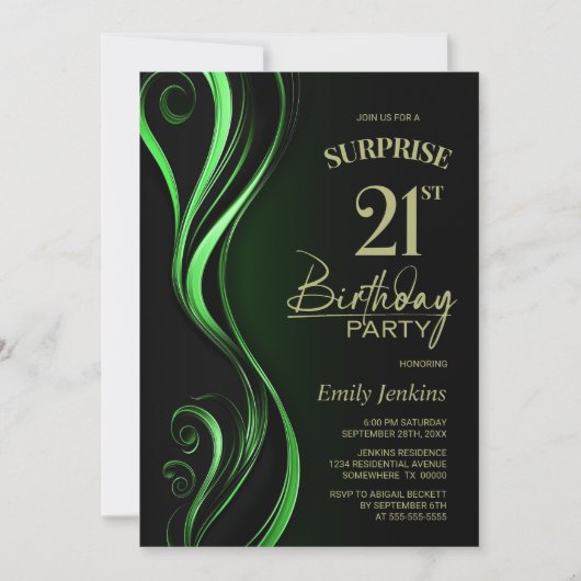 Invitation Surprise Black Green 21e fête d'anniversaire (Devant)