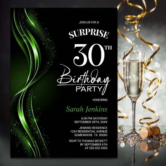 Invitation Surprise Black Green 30e fête d'anniversaire