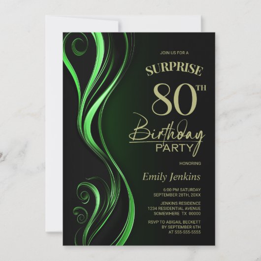Invitation Surprise Black Green 80e fête d'anniversaire (Devant)