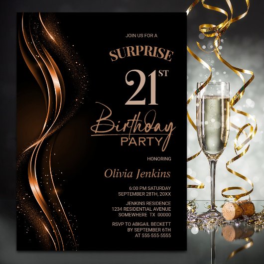 Invitation Surprise Black Orange 21e fête d'anniversaire