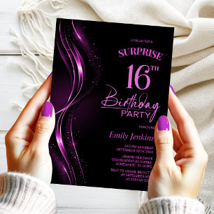 Invitation Surprise Black Pink 16e fête d'anniversaire