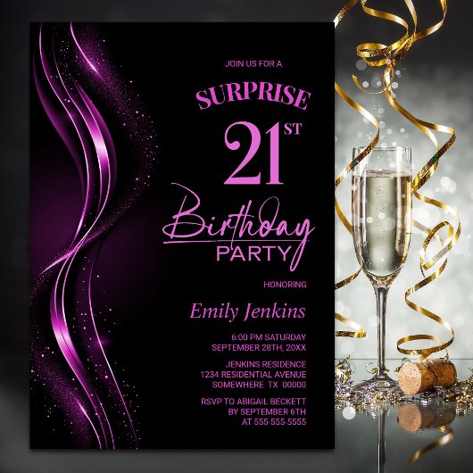 Invitation Surprise Black Pink 21e fête d'anniversaire