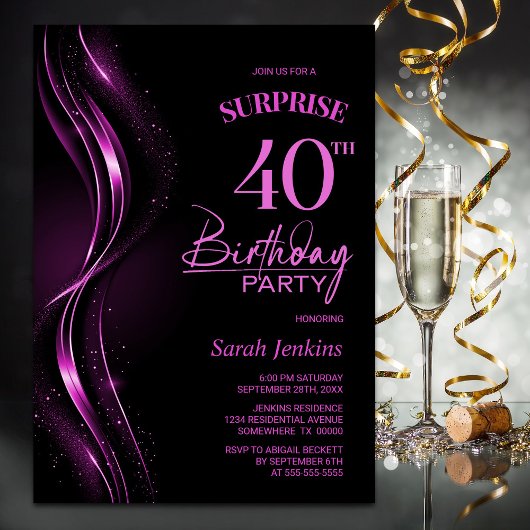 Invitation Surprise Black Pink 40e fête d'anniversaire