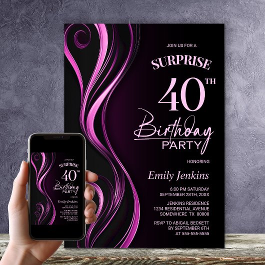 Invitation Surprise Black Pink 40e fête d'anniversaire