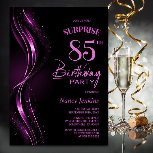 Invitation Surprise Black Pink 85e fête d'anniversaire
