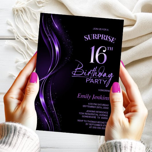 Invitation Surprise Black Purple 16e fête d'anniversaire